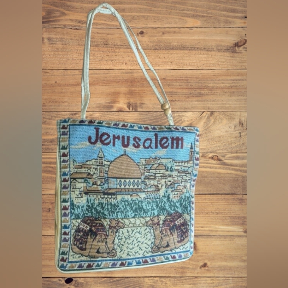 Vintage 1960 Jerusalem Artisan Blue Brown Multi Artistic Tote Bag Tapestry